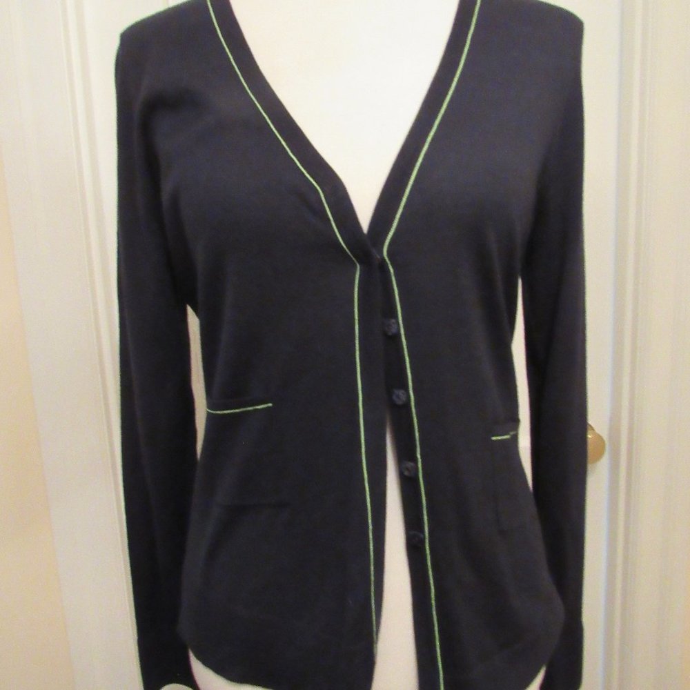 Elie Tahari Merino Wool Navy V-Neck Cardigan – Med